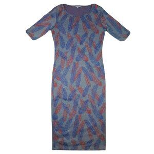 Lularoe Julia Dress Womens Size XXS Gray Grey Blue Red Feathers Pattern Pullover